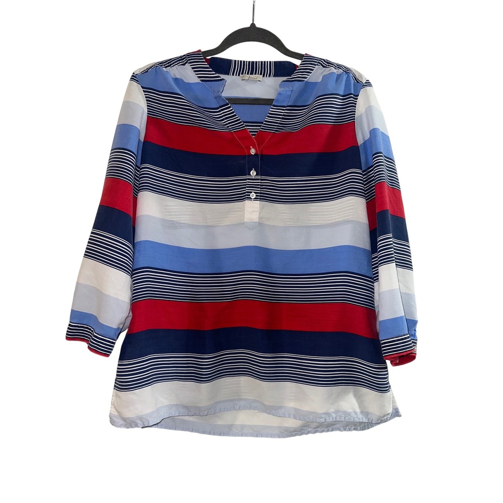 Talbots Womens Medium Striped Popover Tunic Blouse Red Blue White 3/4 Sleeve
